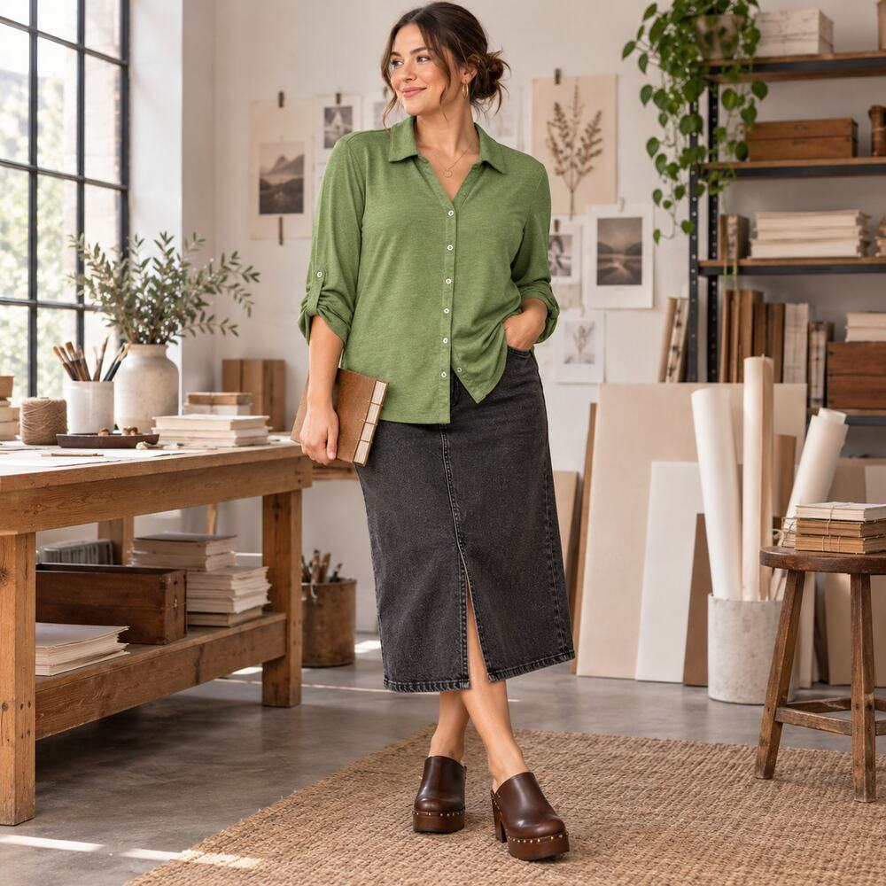 Kim Rogers Green Button Front Roll Tab Sleeve Top Size L